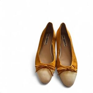 Karl Lagerfeld Mustard and Cream Suede Bow Ballet Flats